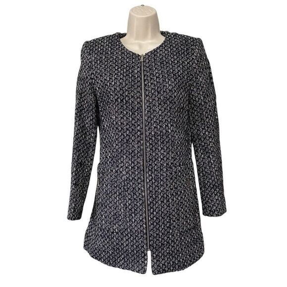 ✨Zara Classic Minimalist Tweed Blue White Zip Up Sz Medium Peacoat✨ - Picture 6 of 10